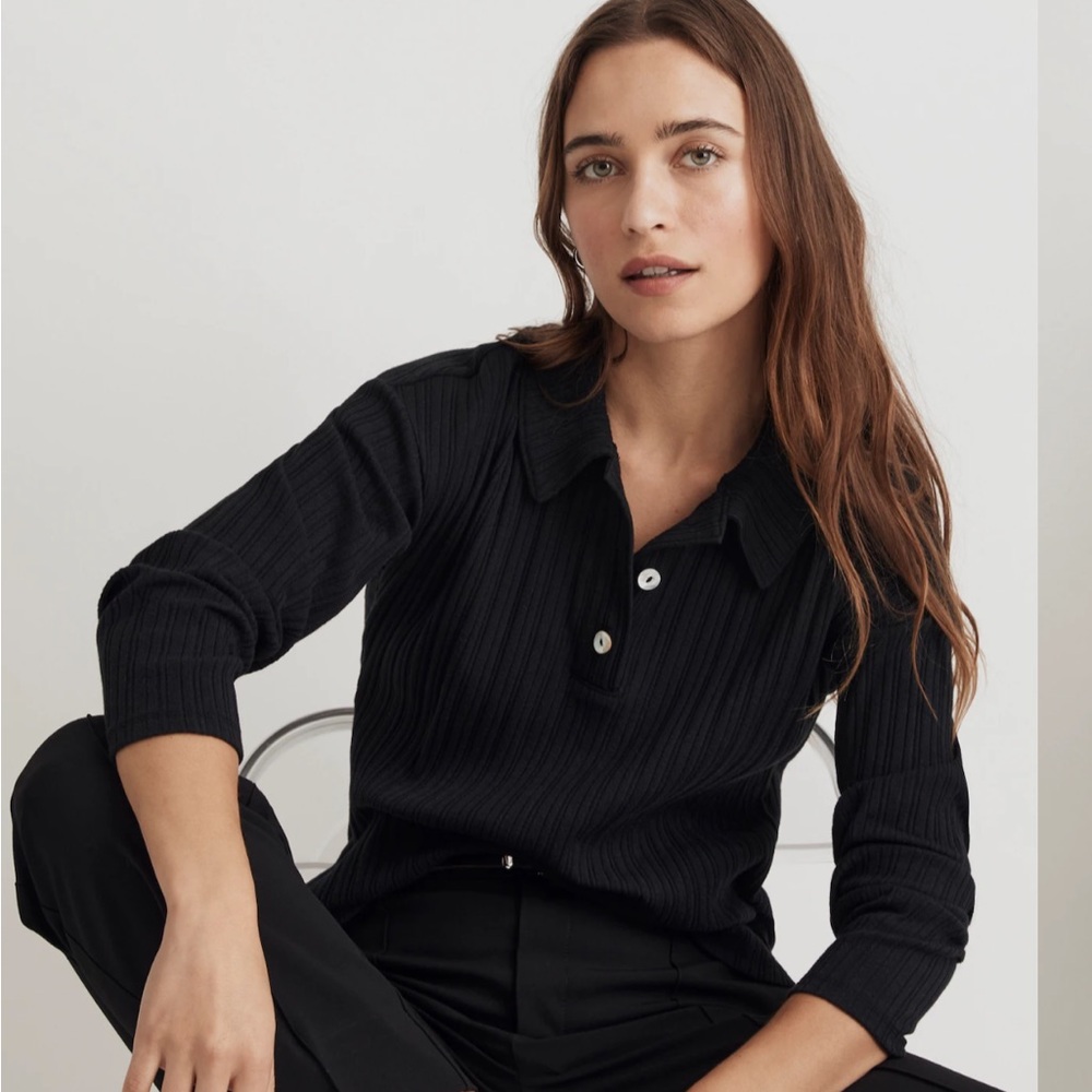 Madewell NEW Womens XXS Black Variegated Rib Boxy Polo Shirt Long Sleeve Top
